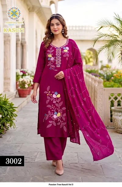 Passion Tree Kasuti Vol 3 purple salwar suit featuring floral thread work, matching palazzo pants, and a dupatta with subtle decorative work.
