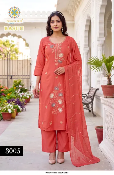 Passion Tree Kasuti Vol 3 coral salwar suit with floral thread work, matching palazzo pants, and a coordinating dupatta with light embellishments.