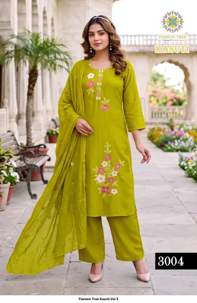 Passion Tree Kasuti Vol 3 lime green salwar suit with floral thread work, matching palazzo pants, and a coordinating dupatta with subtle work.
