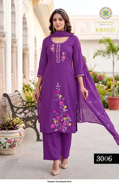 Passion Tree Kasuti Vol 3 purple salwar suit with floral thread work, matching palazzo pants, and a matching dupatta with light embellishments.