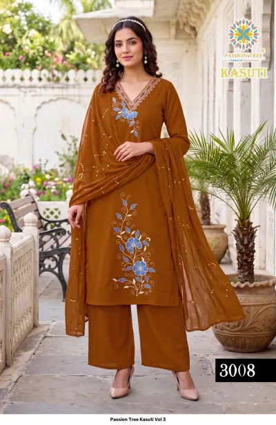 Passion Tree Kasuti Vol 3 brown salwar suit with floral thread work, matching palazzo pants, and a coordinating dupatta with light embellishments.