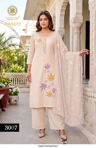 Passion Tree Kasuti Vol 3 beige salwar suit featuring leaf-patterned thread work, matching palazzo pants, and a coordinated dupatta with light work.