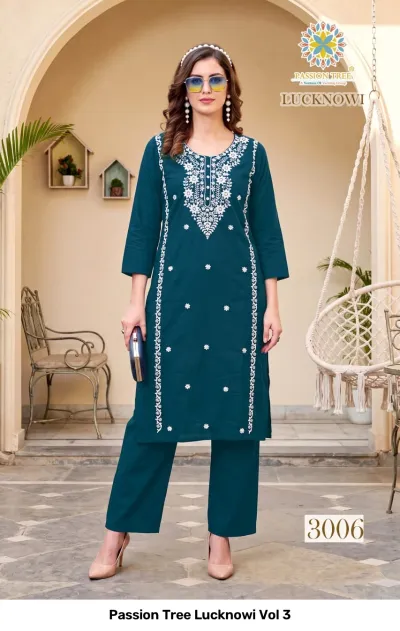 Passion Tree Lucknowi Vol 3, teal straight kurti and matching pants with white floral thread work embroidery throughout.
