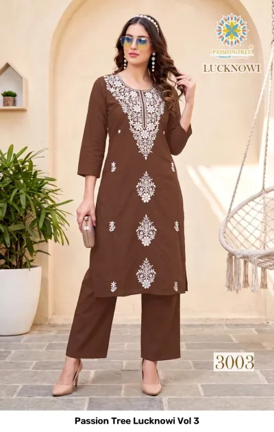Passion Tree Lucknowi Vol 3, brown straight kurti and matching pants featuring white floral thread work embroidery.