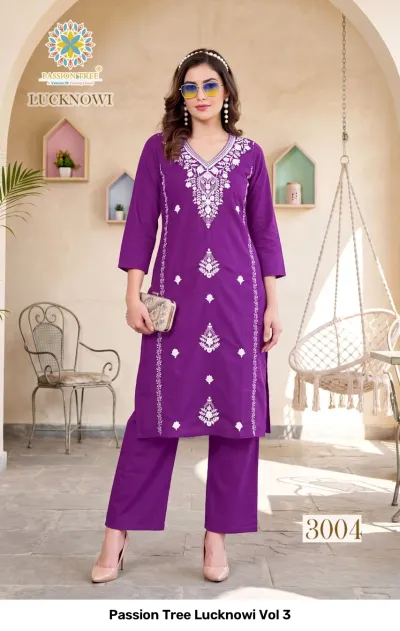 Passion Tree Lucknowi Vol 3, purple straight kurti and matching pants featuring white floral thread work embroidery.