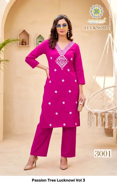 Passion Tree Lucknowi Vol 3, magenta straight kurti and matching pants featuring white floral thread work embroidery.