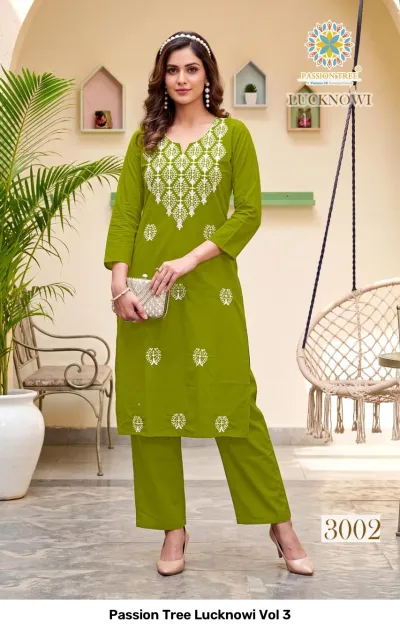 Passion Tree Lucknowi Vol 3, lime green straight kurti and matching pants featuring white floral thread work embroidery.