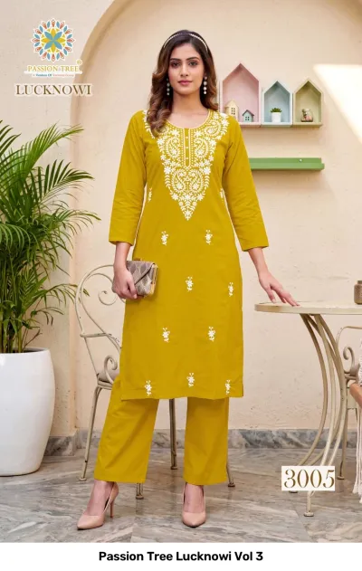 Passion Tree Lucknowi Vol 3, mustard yellow straight kurti and matching pants featuring white floral thread work embroidery.