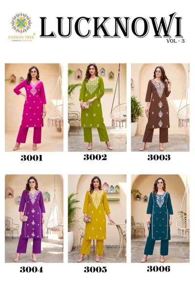 Passion Tree Lucknowi Vol 3 catalog collage showing six different colored straight kurtis with white embroidery.