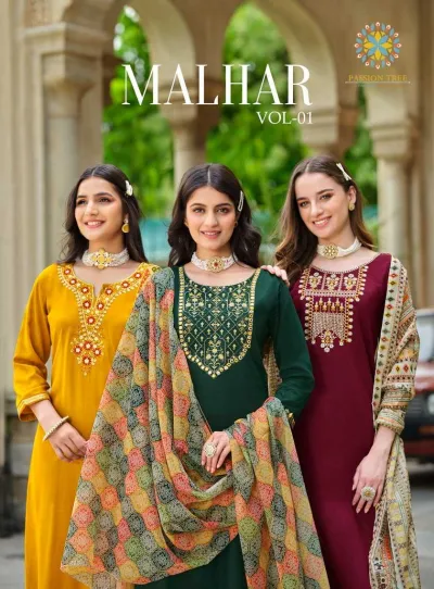 Passion Tree Malhar Vol 1: Catalog cover showing three models wearing yellow, dark green, and maroon salwar suits with embroidery and printed dupattas.