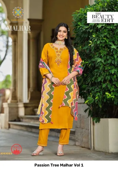 Passion Tree Malhar Vol 1: Yellow salwar suit with embroidered yoke, straight cut, and a colorful zigzag printed dupatta.
