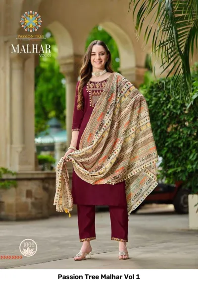 Passion Tree Malhar Vol 1: Maroon salwar suit featuring intricate thread and zari work embroidery on the yoke, paired with a printed dupatta.