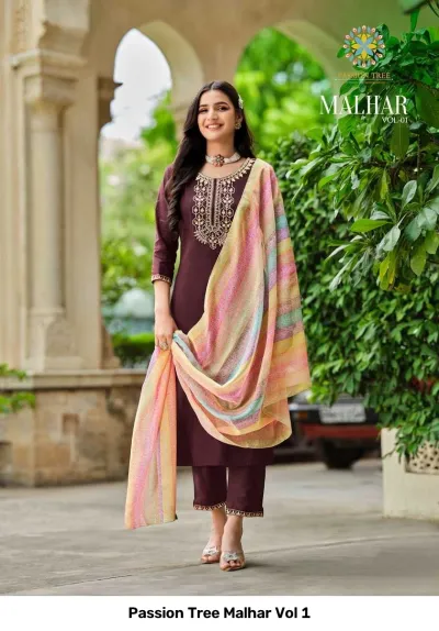 Passion Tree Malhar Vol 1: Dark maroon salwar suit featuring an embroidered neckline and a light multi-colored striped dupatta.