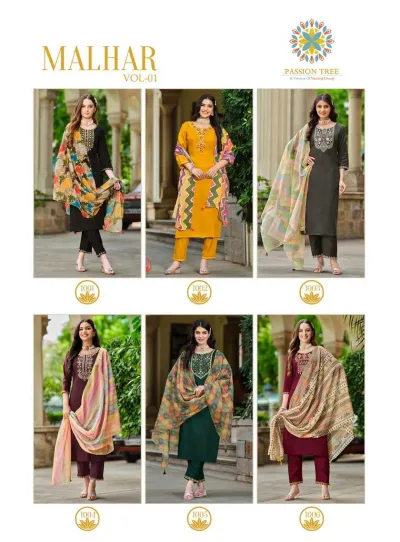 Passion Tree Malhar Vol 1: Catalog collage displaying six distinct models wearing various colored salwar suits with matching printed dupattas and embroidery.