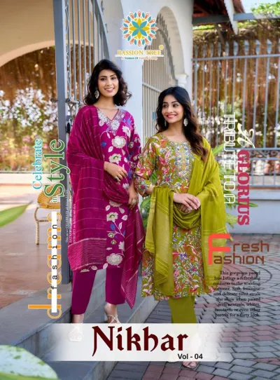 Passion Tree Nikhar Vol 4 catalog cover featuring models in printed salwar suits with dupatta and varied colors.
