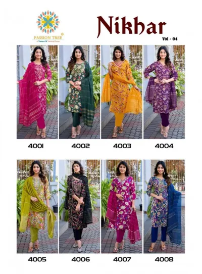 Passion Tree Nikhar Vol 4 catalog collage displaying multiple printed salwar suits with dupattas in diverse colorways.