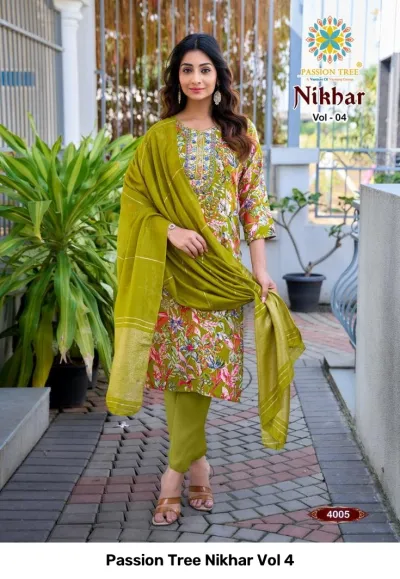 Passion Tree Nikhar Vol 4 olive green salwar suit with floral print, plain dupatta, and embroidered neckline detailing.