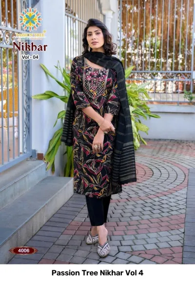 Passion Tree Nikhar Vol 4 black salwar suit with leaf print, matching dupatta, and thread work embellishments on the yoke.