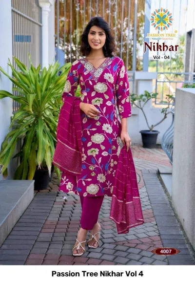 Passion Tree Nikhar Vol 4 magenta pink salwar suit with floral pattern, dupatta, and detailed thread work on the neckline.