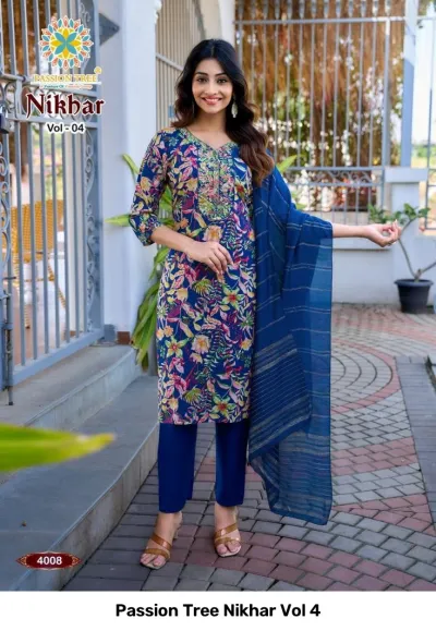 Passion Tree Nikhar Vol 4 blue printed salwar suit with floral pattern, solid dupatta, and intricate thread work yoke.