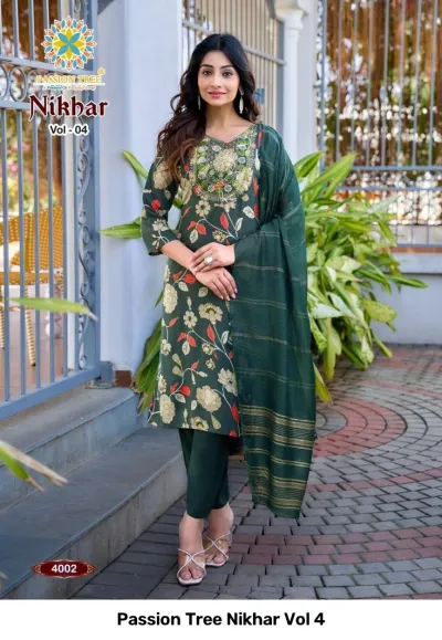 Passion Tree Nikhar Vol 4 dark green salwar suit with floral pattern, matching dupatta, and decorative thread work neckline.