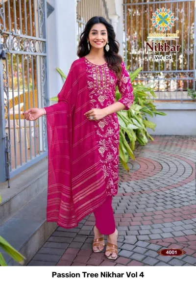 Passion Tree Nikhar Vol 4 magenta pink floral printed salwar suit with matching dupatta and thread work neckline.