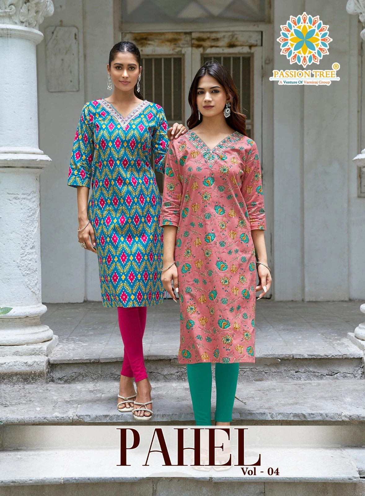 Passion Tree Pahel Vol 4 catalog cover featuring two models wearing printed straight kurtis with embellishment on the neckline.