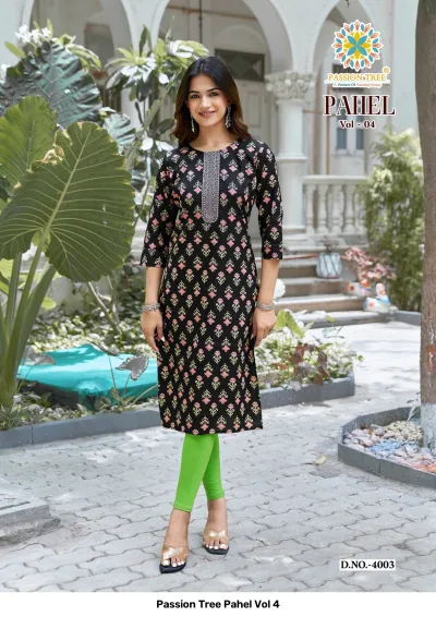Passion Tree Pahel Vol 4 black straight kurti with small floral print and neck thread work paired with light green leggings.