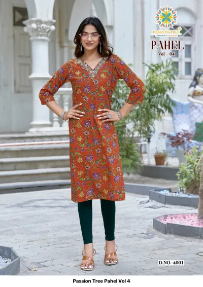 Passion Tree Pahel Vol 4 rust orange straight kurti with floral print and neck embellishment paired with dark green leggings.