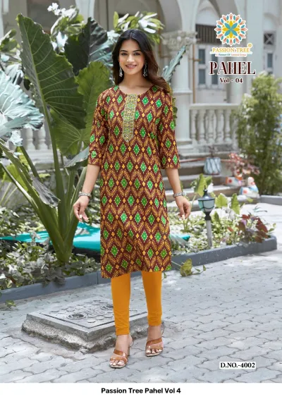 Passion Tree Pahel Vol 4 brown straight kurti with green and yellow geometric print and neck thread work paired with mustard leggings.