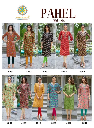 Passion Tree Pahel Vol 4 catalog collage showing eleven different straight kurtis with various prints and neck designs.