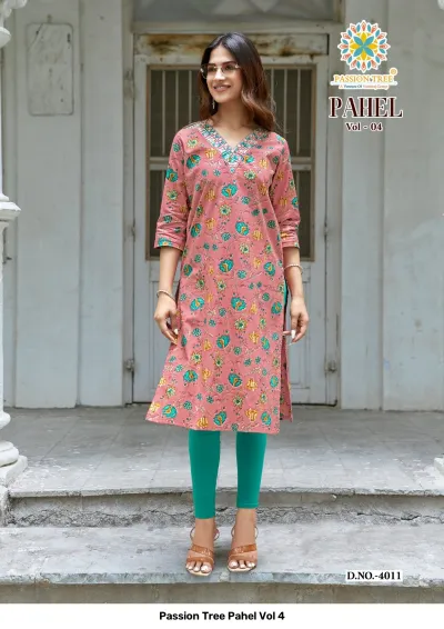 Passion Tree Pahel Vol 4 pink straight kurti with teal floral print and neck embellishment paired with teal leggings.