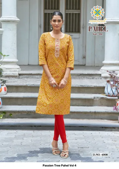 Passion Tree Pahel Vol 4 mustard straight kurti with geometric print and neck thread work paired with red leggings.