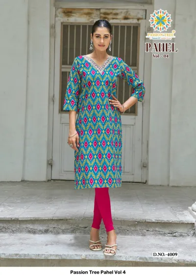 Passion Tree Pahel Vol 4 teal straight kurti with geometric ikat-style print and neck embellishment paired with pink leggings.