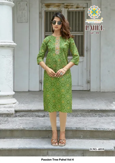 Passion Tree Pahel Vol 4 green straight kurti with bandhani-style print and neck thread work paired with beige leggings.