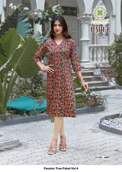 Passion Tree Pahel Vol 4 maroon straight kurti with floral print and neck embellishment paired with beige leggings.