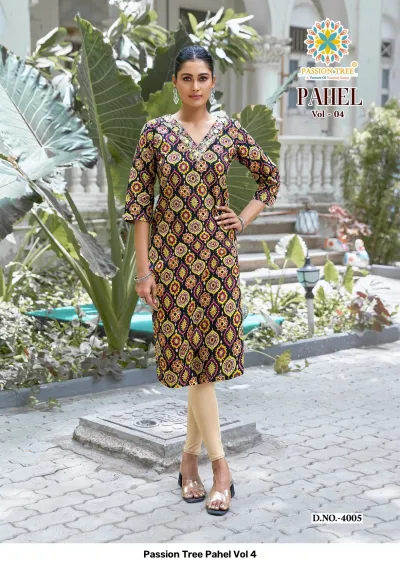 Passion Tree Pahel Vol 4 black straight kurti with yellow and maroon geometric print and neck embellishment paired with beige leggings.