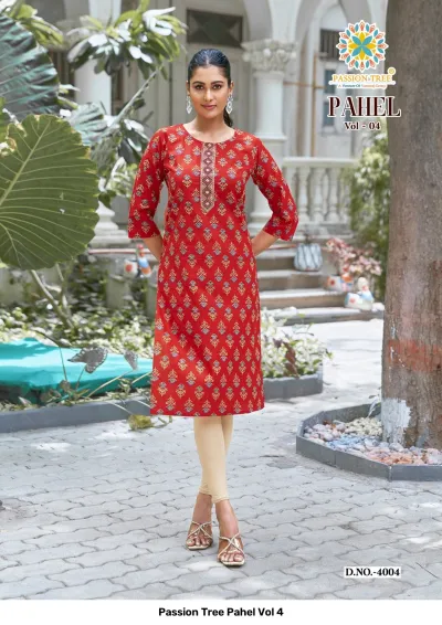 Passion Tree Pahel Vol 4 red straight kurti with floral print and neck thread work paired with beige leggings.
