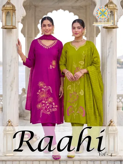 Passion Tree Raahi Vol 4, two women wearing magenta and lime green salwar suits with thread work embroidery and matching dupattas.
