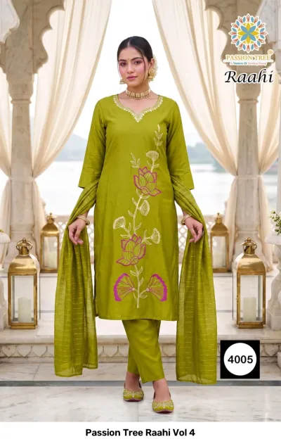 Passion Tree Raahi Vol 4, lime green salwar suit with floral thread work embroidery and a matching dupatta.