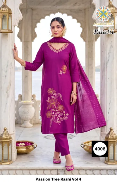 Passion Tree Raahi Vol 4, magenta salwar suit with floral thread work embroidery and a matching dupatta.