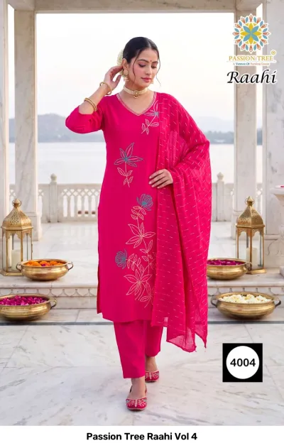 Passion Tree Raahi Vol 4, deep pink salwar suit with floral thread work embroidery and a matching striped dupatta.
