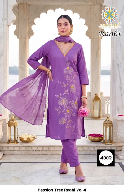 Passion Tree Raahi Vol 4, purple salwar suit with floral thread work embroidery and a matching dupatta.
