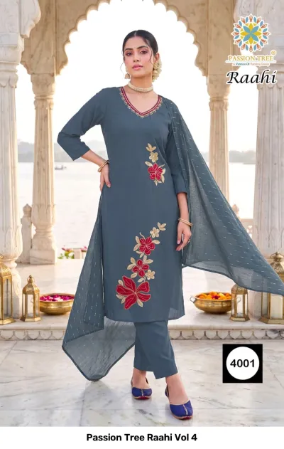 Passion Tree Raahi Vol 4, grey salwar suit with floral thread work embroidery and a matching dupatta.
