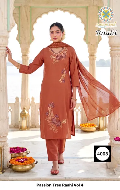 Passion Tree Raahi Vol 4, copper-brown salwar suit with floral thread work embroidery and a matching dupatta.