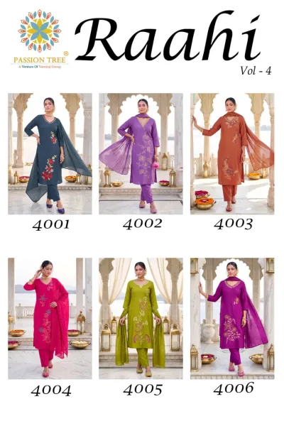 Passion Tree Raahi Vol 4, catalog collage showing six different color variants of salwar suits with floral embroidery.