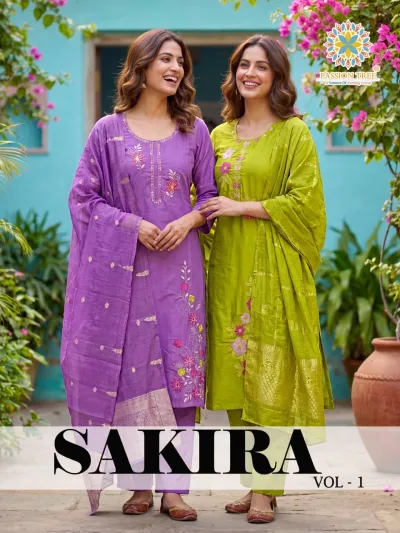Passion Tree Sakira Vol 1 catalog cover showing various models wearing colored salwar suits with floral thread work and dupatta.