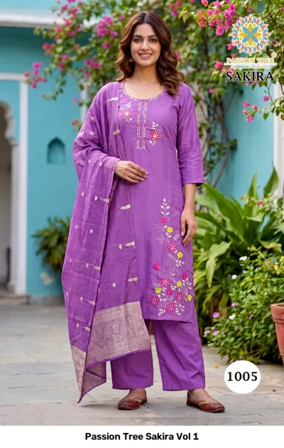 Passion Tree Sakira Vol 1 purple salwar suit with floral thread work on the kurti and a matching dupatta with zari border.