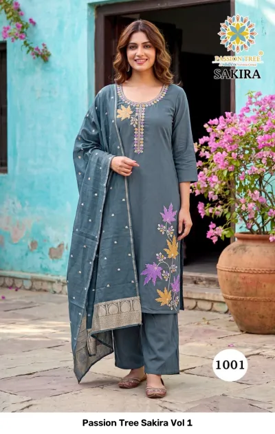 Passion Tree Sakira Vol 1 grey salwar suit featuring leaf-pattern thread work, straight-cut kurti, and a dupatta with a zari-woven border.