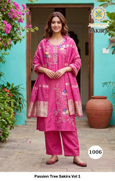 Passion Tree Sakira Vol 1 pink salwar suit with floral thread work embellishments and a matching dupatta featuring a traditional zari border.